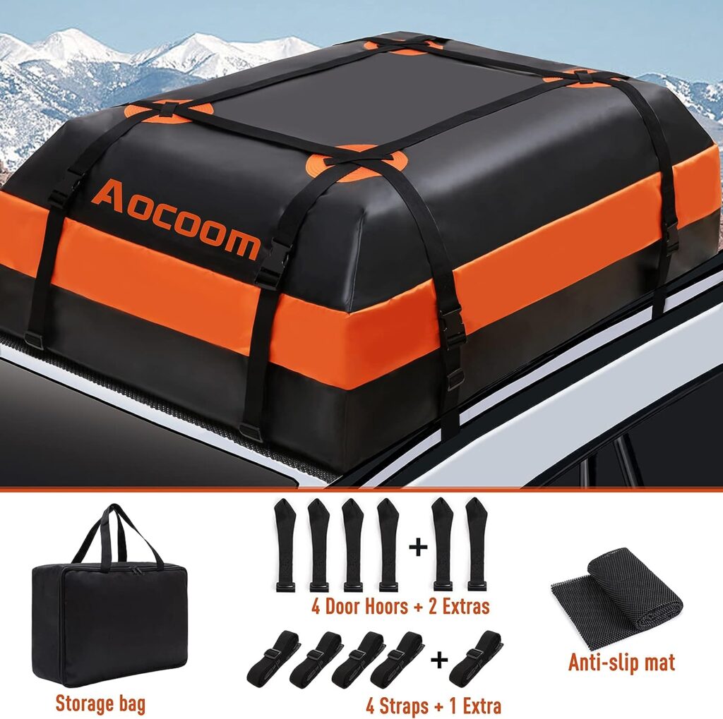 Aocoom Car Roof Bag Rooftop Cargo Carrier, 15 Cubic Feet Waterproof Car Top Luggage Storage Bag Anti-Slip Mat, 5 Reinforce Straps and 4 Door Hooks Vehicles Racks or Without Racks, Orange（new）