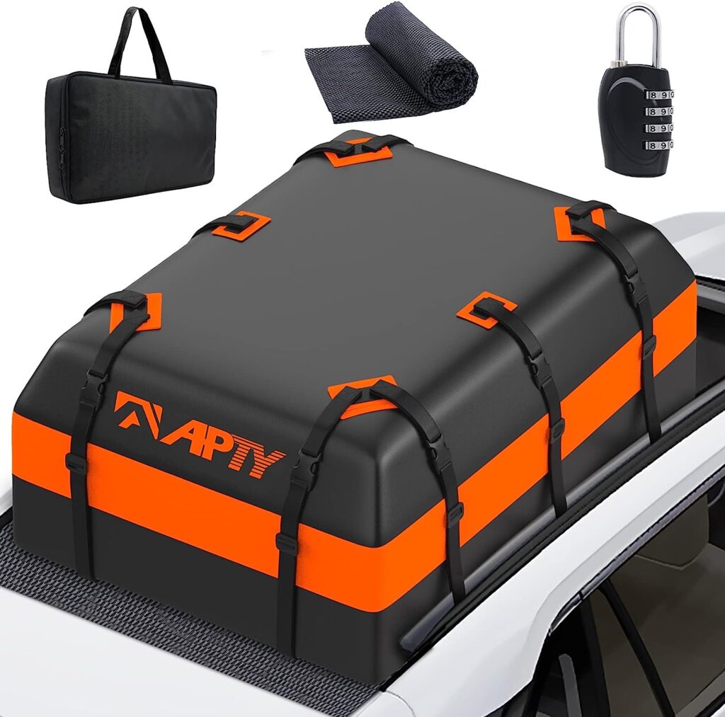 APTY 21 Cubic Feet Car Rooftop Cargo Bag Carrier, Soft Roof Top Luggage Bag for All Vechicles with/Without Racks - with Waterproof Zip, Luggage Lock, Anti-Slip Mat, Storage Bag, Door Hooks