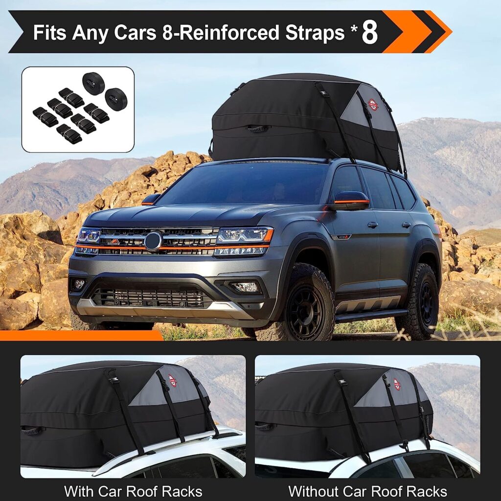 Car Roof Cargo Carrier 20 Cubic Waterproof Rooftop Cargo Carrier for Top of Vehicle Soft-Shell Roof Bag with Storage Carrying Bag and 8 Reinforced Straps for All Cars with/without Rack