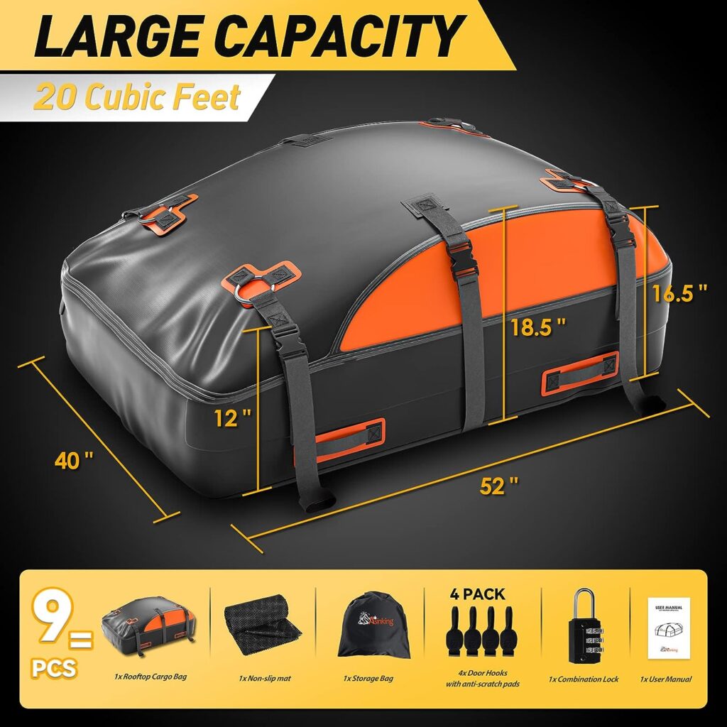 Car Rooftop Cargo Carrier Bag, 【9-in-1】 Premium Waterproof Non-Rip 20 Cubic Feet Car Roof Bag for All Vehicles with/Without Rack, Includes Non-Slip Mat, Luggage Lock, 4 Door Hooks, Storage Bag