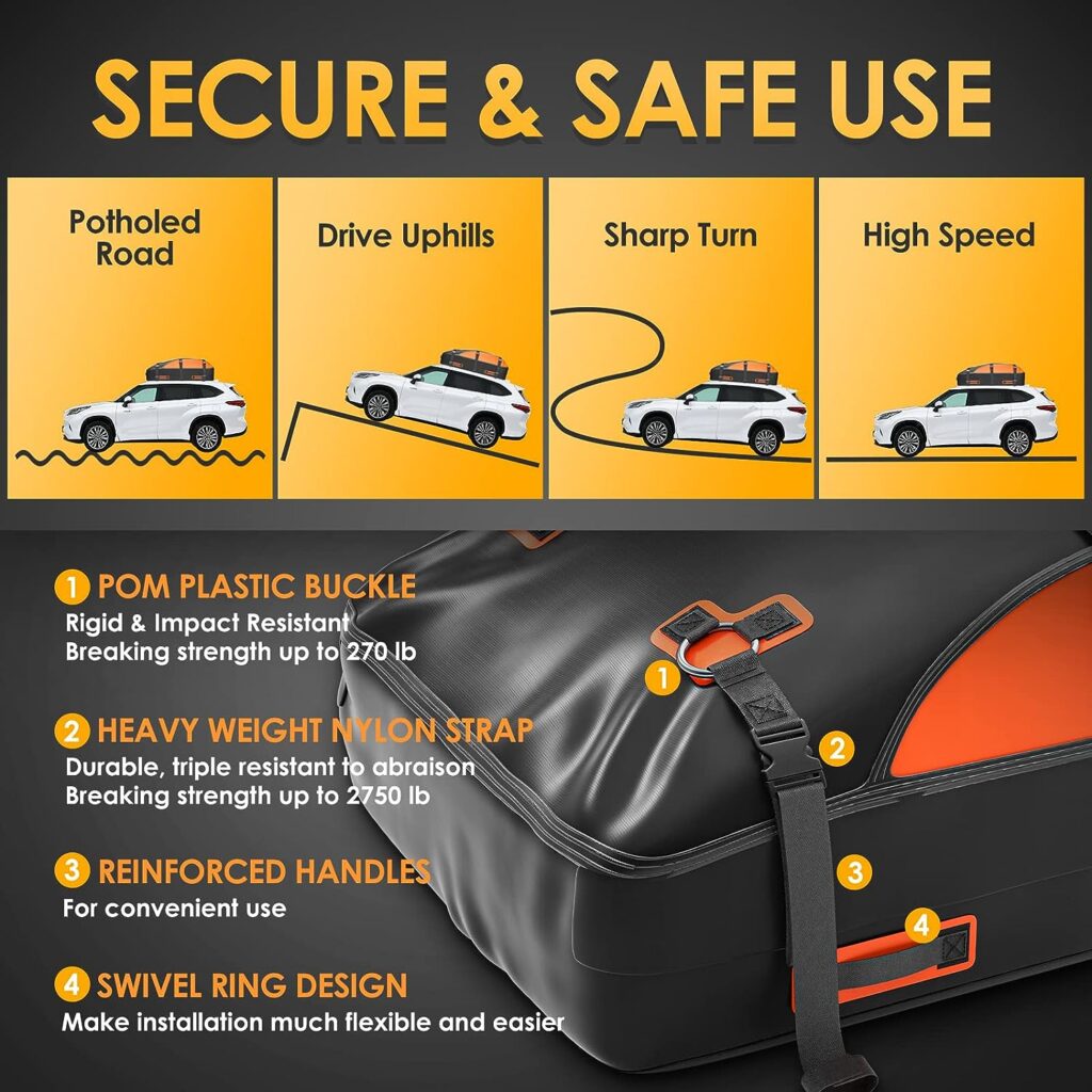Car Rooftop Cargo Carrier Bag, 【9-in-1】 Premium Waterproof Non-Rip 20 Cubic Feet Car Roof Bag for All Vehicles with/Without Rack, Includes Non-Slip Mat, Luggage Lock, 4 Door Hooks, Storage Bag