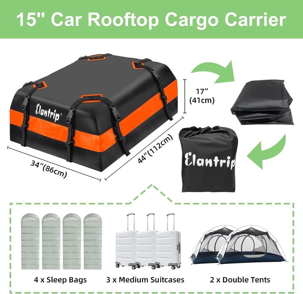 Elantrip Car Roof Bag top Cargo Carrier Bag 15 Cubic feet Waterproof for All Cars with/Without Rack