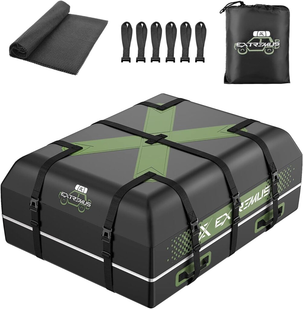 Extremus ExplorationX Rooftop Cargo Carrier Bag-15 Cu Ft, 100% Waterproof Car Top Carrier, Abrasion Resistant 840D PVC, High-Frequency Welded Seams, Waterproof Zipper W/Storm Flap  9 Sturdy Straps