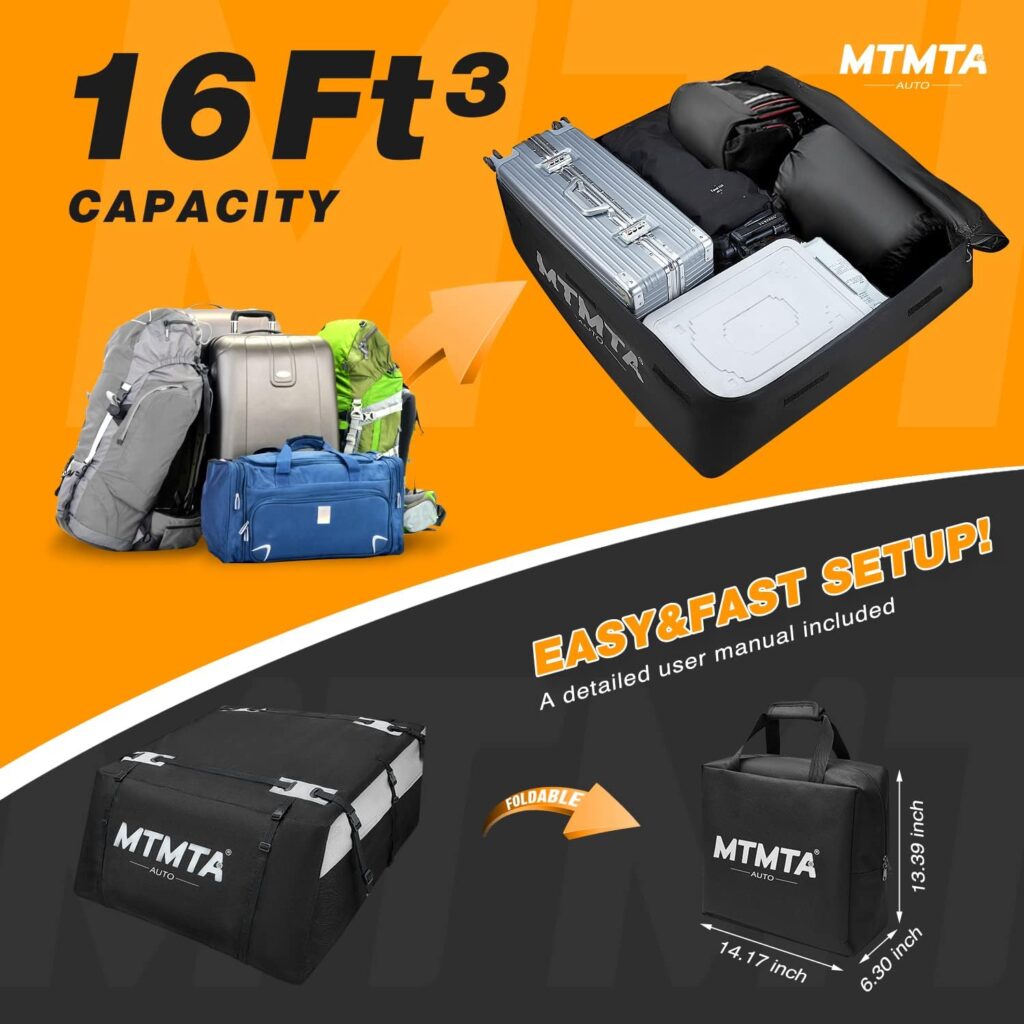 MTMTA Car Roof Cargo Carrier, 16 Cubic Feet Heavy Duty 900D Anti-Tear Car Roof Bag, 100% Waterproof, Cargo Carrier for All Cars with/Without Rack, Includes Anti-Slip Mat/6 Hooks/Bag/Luggage Lock