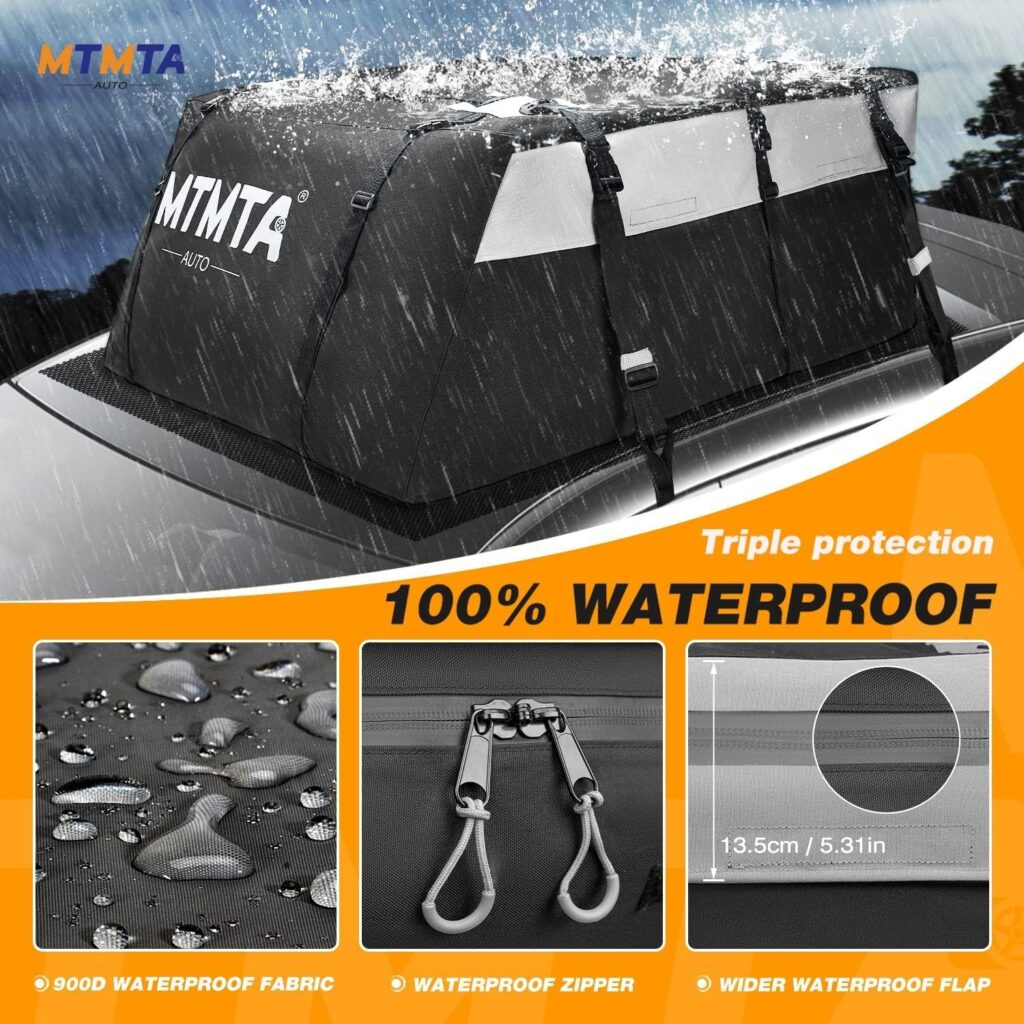 MTMTA Car Roof Cargo Carrier, 16 Cubic Feet Heavy Duty 900D Anti-Tear Car Roof Bag, 100% Waterproof, Cargo Carrier for All Cars with/Without Rack, Includes Anti-Slip Mat/6 Hooks/Bag/Luggage Lock
