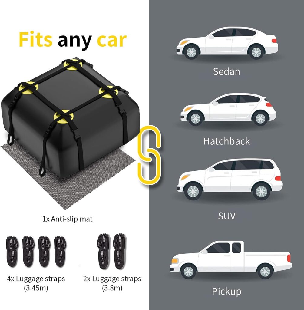 NABIYE Rooftop Car Cargo Carrier Bag 15 Cubic Feet, Waterproof Car Rooftop Bag with Anti-Slip Mat and 6 Door Hooks, Suitable for All Vehicle with/Without Rack
