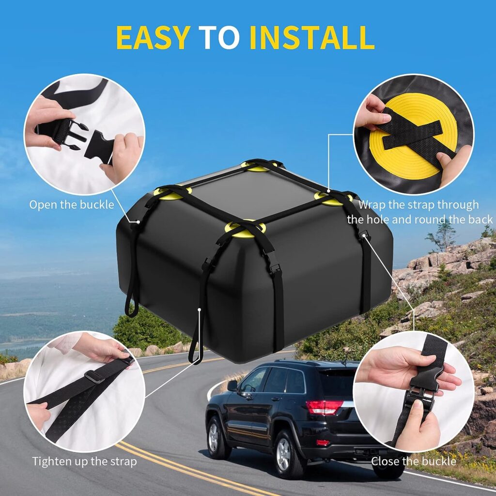 NABIYE Rooftop Car Cargo Carrier Bag 15 Cubic Feet, Waterproof Car Rooftop Bag with Anti-Slip Mat and 6 Door Hooks, Suitable for All Vehicle with/Without Rack