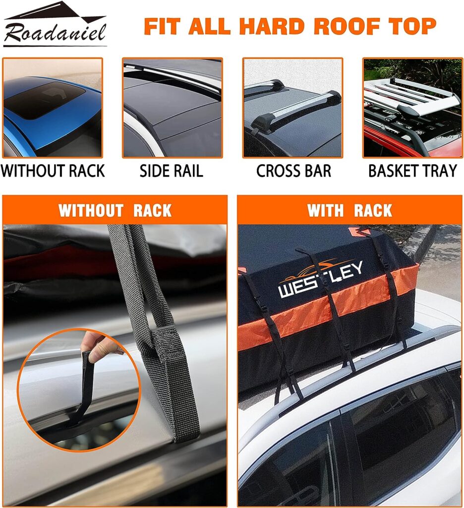 Roadaniel-Westley Car Roof Bag，Rooftop Cargo Carrier, 100% Waterproof 15 Cubic Feet Soft-Shell Luggage Bag, Suitable for All Vehicles with/Without Racks, Includes Anti-Slip Mat, 10 Reinforced Straps