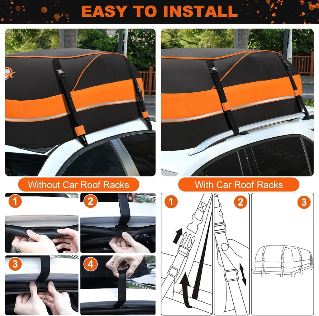 Sailnovo Rooftop top Cargo Carrier Bag Waterproof 15 Cubic feet for All Cars with/Without Rack, Includes Anti-Slip Mat, Reinforced Straps, 6Door Hooks, Reflective Strap