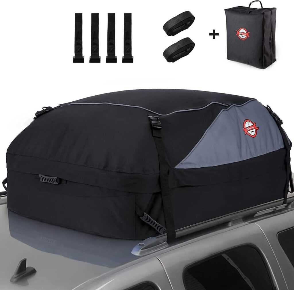 Sailnovo Waterproof Rooftop Cargo Carrier, 15 Cubic Feet Cargo Roof Bag, 900D Roof Bag Top Luggage Storage Carriers for All Vehicle with/Without Luggage Rack, with 4 Door Hooks, Zipper, Extra Strap
