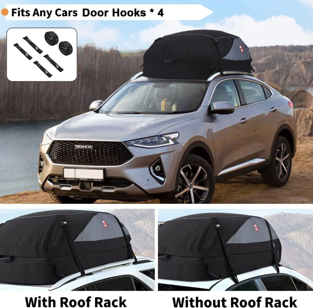 Sailnovo Waterproof Rooftop Cargo Carrier, 15 Cubic Feet Cargo Roof Bag, 900D Roof Bag Top Luggage Storage Carriers for All Vehicle with/Without Luggage Rack, with 4 Door Hooks, Zipper, Extra Strap