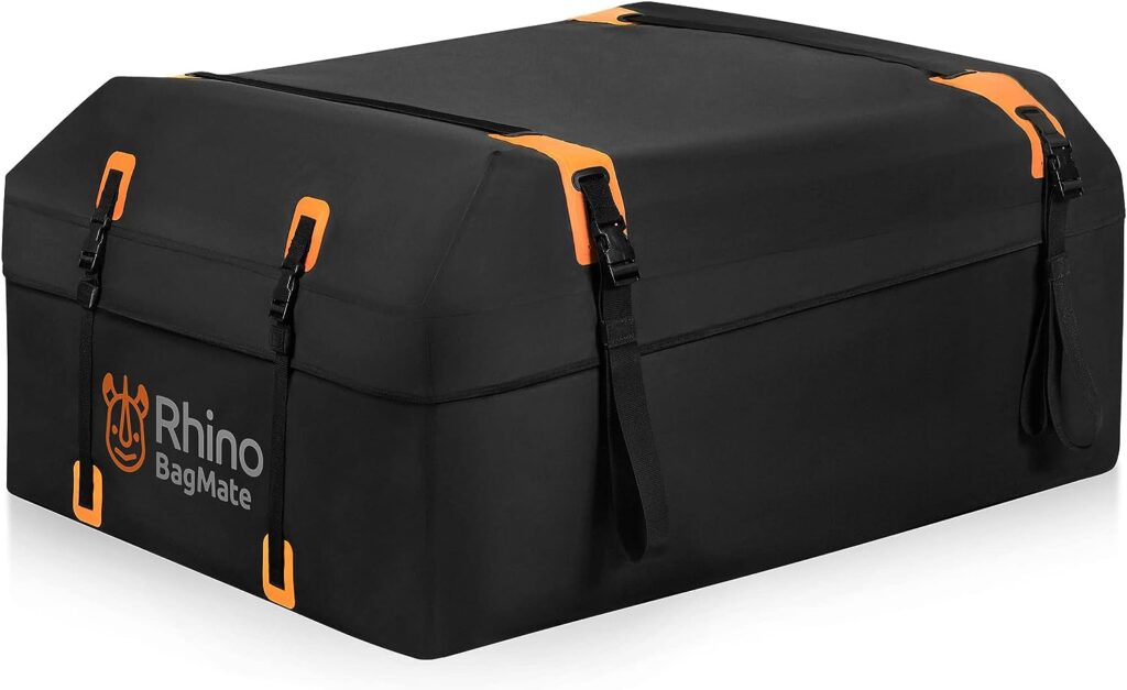 BAGMATE Military-Grade Waterproof Car Roof Bag - Rooftop Cargo Carrier – 19 Cubic Ft. with 4 Door Hooks, Zipper/Buckle Closure, Extra Strap – Black Roof Bag for Cars with or Without Rack