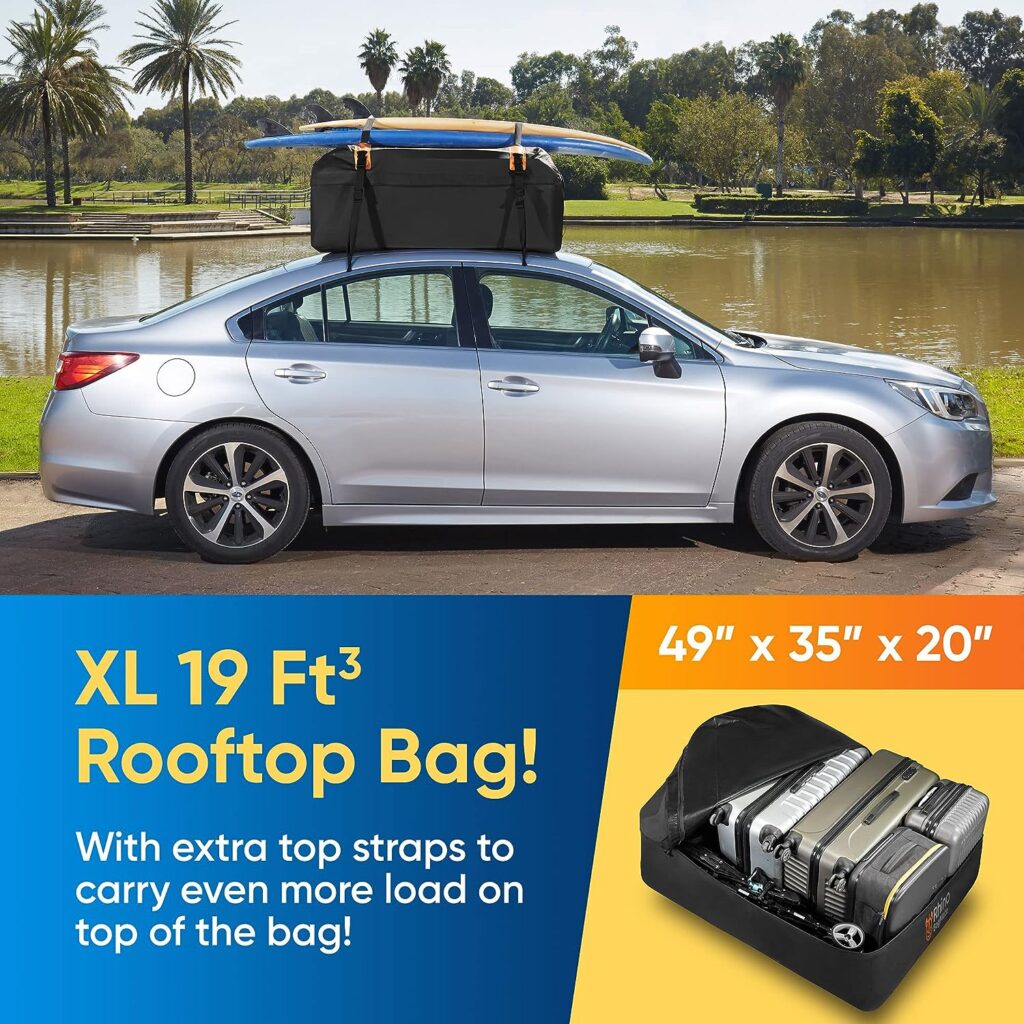 BAGMATE Military-Grade Waterproof Car Roof Bag - Rooftop Cargo Carrier – 19 Cubic Ft. with 4 Door Hooks, Zipper/Buckle Closure, Extra Strap – Black Roof Bag for Cars with or Without Rack