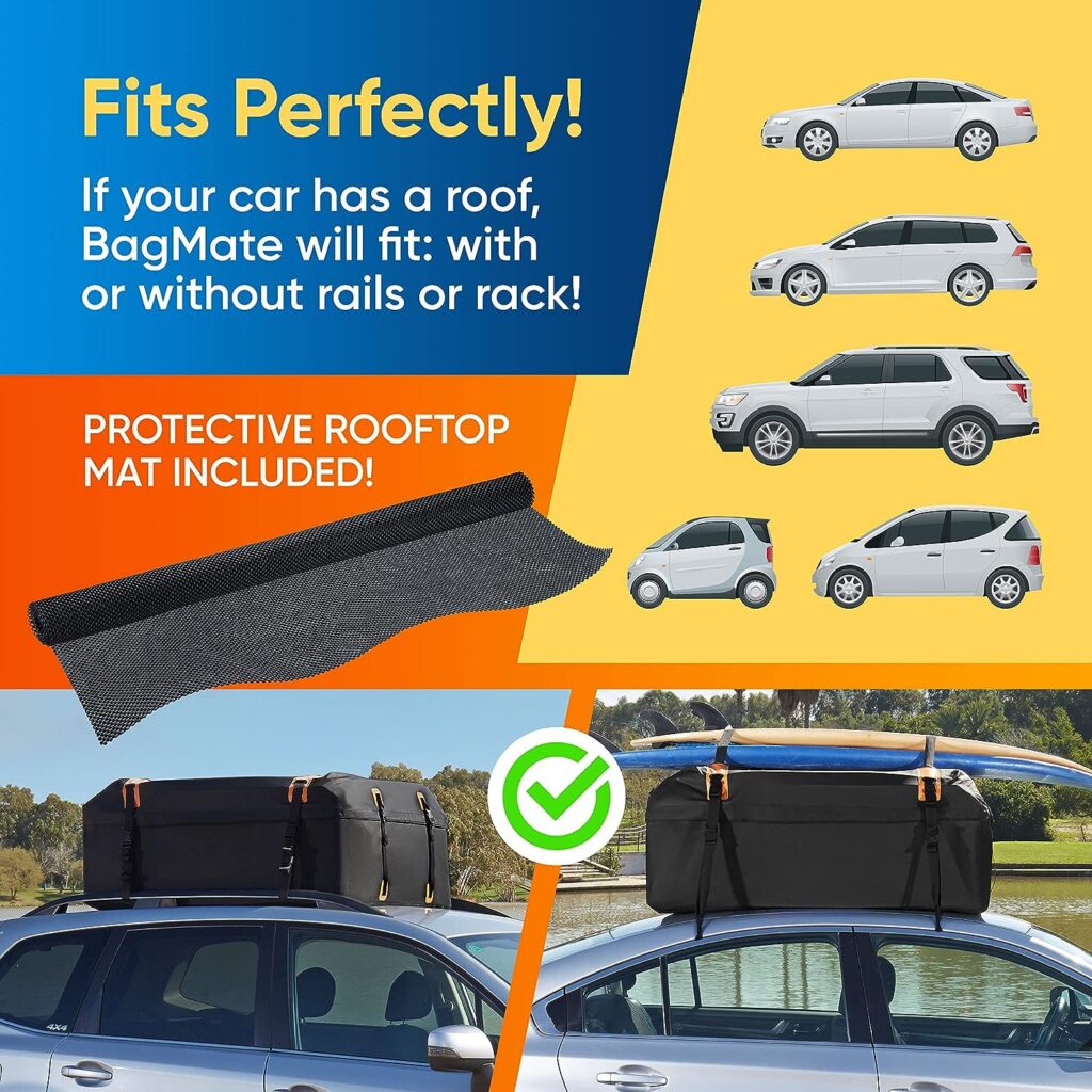 BAGMATE Military-Grade Waterproof Car Roof Bag - Rooftop Cargo Carrier – 19 Cubic Ft. with 4 Door Hooks, Zipper/Buckle Closure, Extra Strap – Black Roof Bag for Cars with or Without Rack