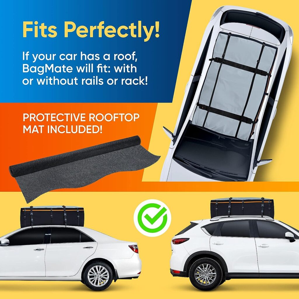 BagMate Military-Grade Waterproof Roof Bag - Rooftop Cargo Carrier – XXL 23 Cubic Feet. with 4 Door Hooks, Zipper/Buckle Closure, Extra Strap – Black Roof Bag for Cars with or Without Rack