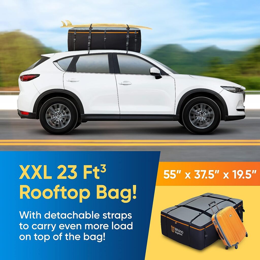 BagMate Military-Grade Waterproof Roof Bag - Rooftop Cargo Carrier – XXL 23 Cubic Feet. with 4 Door Hooks, Zipper/Buckle Closure, Extra Strap – Black Roof Bag for Cars with or Without Rack