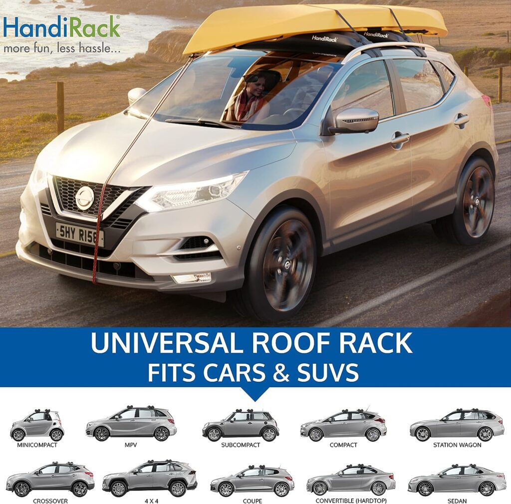 HandiRack Universal Inflatable Soft Roof Rack Bars for Hauling Kayaks, Canoes, Surfboards and SUPs; 10Ft Tie-Downs and 11Ft Bow and Stern Lines Included; Fits Cars and SUVs; 175Lbs Load Capacity