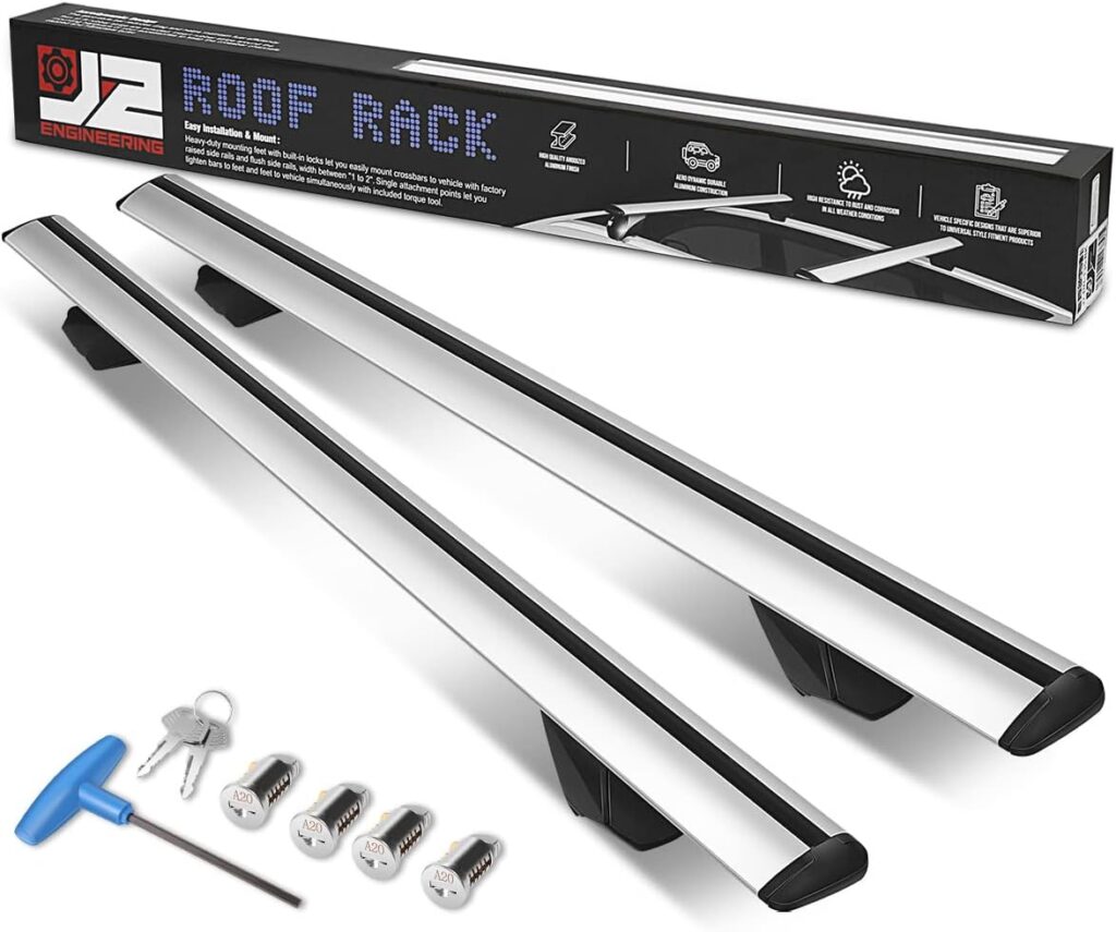 J2 Engineering J2-RR-120-WH Pair of 49 Aluminum Roof Rack Cross Bars Cargo Luggage Carrier for Raised Rails with Angled Edges, Universal, 32 - 48.5 Adjustable, Silver