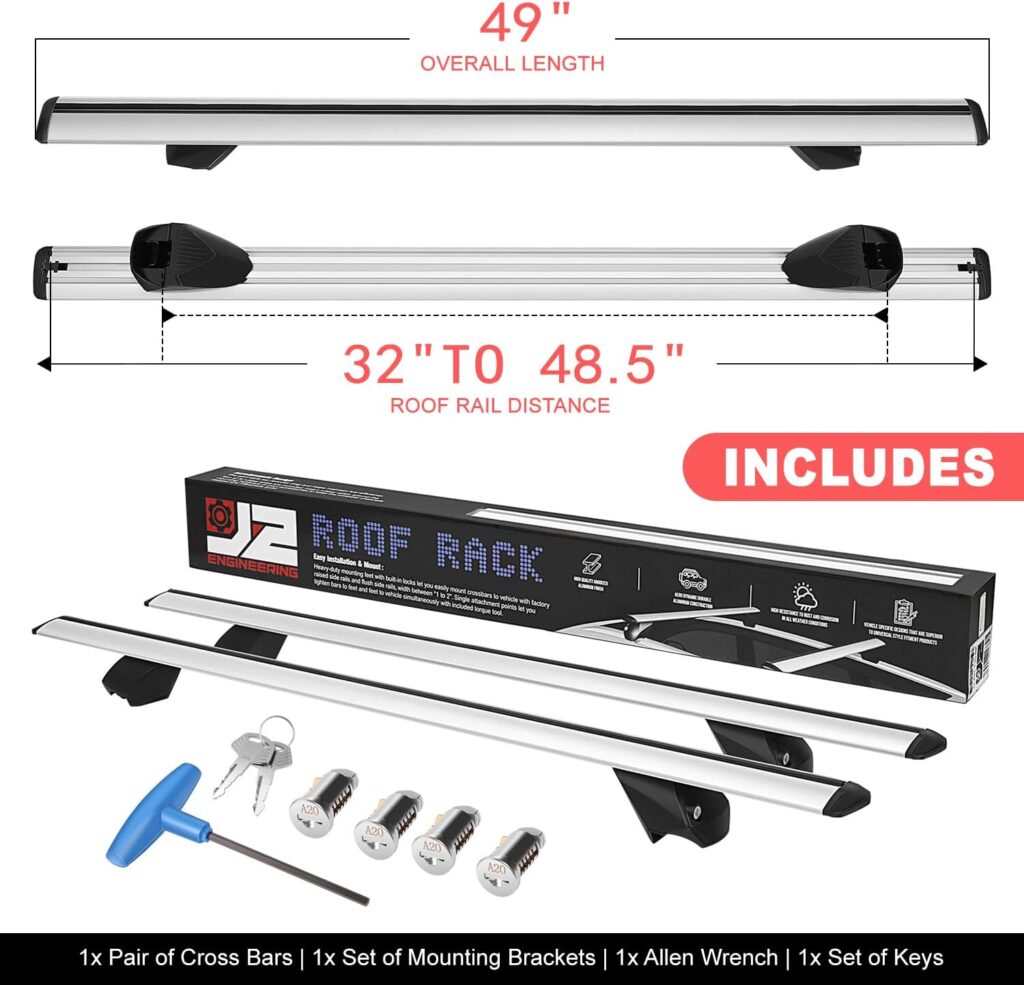J2 Engineering J2-RR-120-WH Pair of 49 Aluminum Roof Rack Cross Bars Cargo Luggage Carrier for Raised Rails with Angled Edges, Universal, 32 - 48.5 Adjustable, Silver