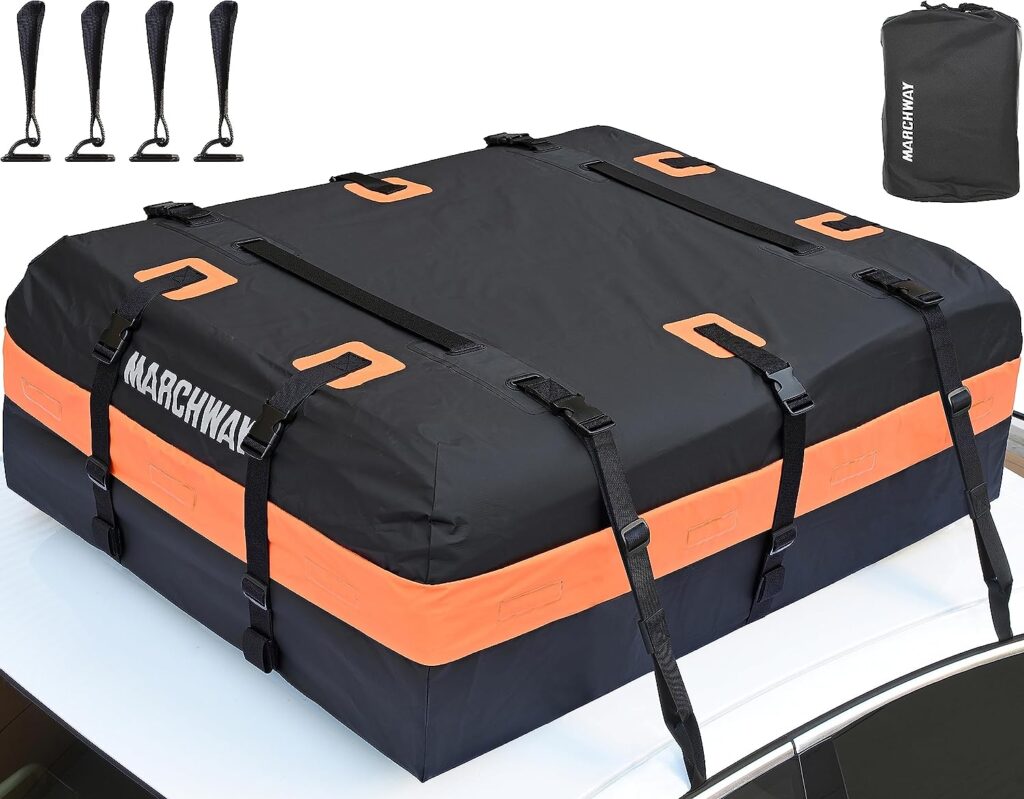 MARCHWAY Waterproof Car Roof Luggage Bag, Weatherproof Soft Shell Rooftop Cargo Carrier Bag for Vehicles with or Without Rack, 4+2 Door Hooks Included (Orange, 15 Cubic Feet)