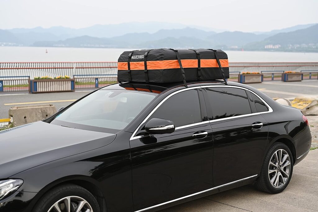 MARCHWAY Waterproof Car Roof Luggage Bag, Weatherproof Soft Shell Rooftop Cargo Carrier Bag for Vehicles with or Without Rack, 4+2 Door Hooks Included (Orange, 15 Cubic Feet)