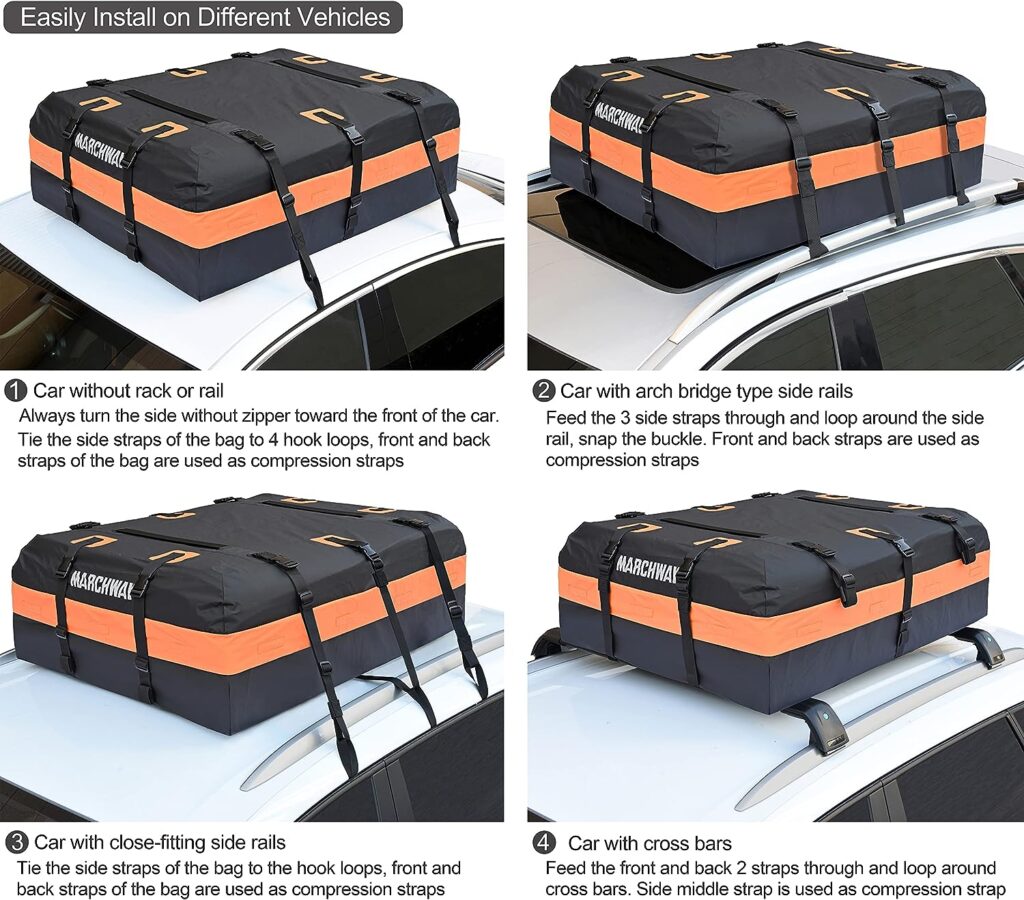 MARCHWAY Waterproof Car Roof Luggage Bag, Weatherproof Soft Shell Rooftop Cargo Carrier Bag for Vehicles with or Without Rack, 4+2 Door Hooks Included (Orange, 15 Cubic Feet)