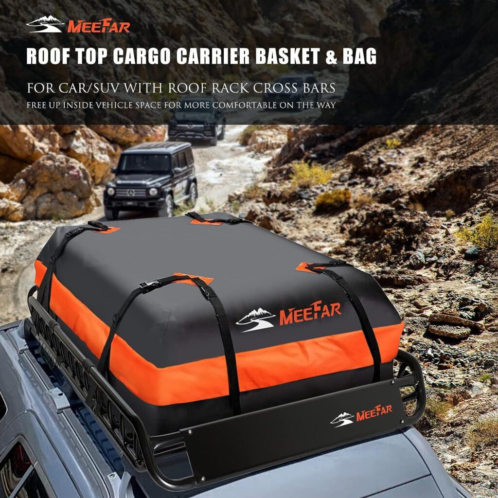 MeeFar Roof Rack Carrier Basket Universal Rooftop Cargo Carrier Basket 51 X 36 X 5 + Waterproof Cargo Bag 15 Cubic Feet (44 34 17), and Cargo Net with Attachment Hooks, Ratchet Straps