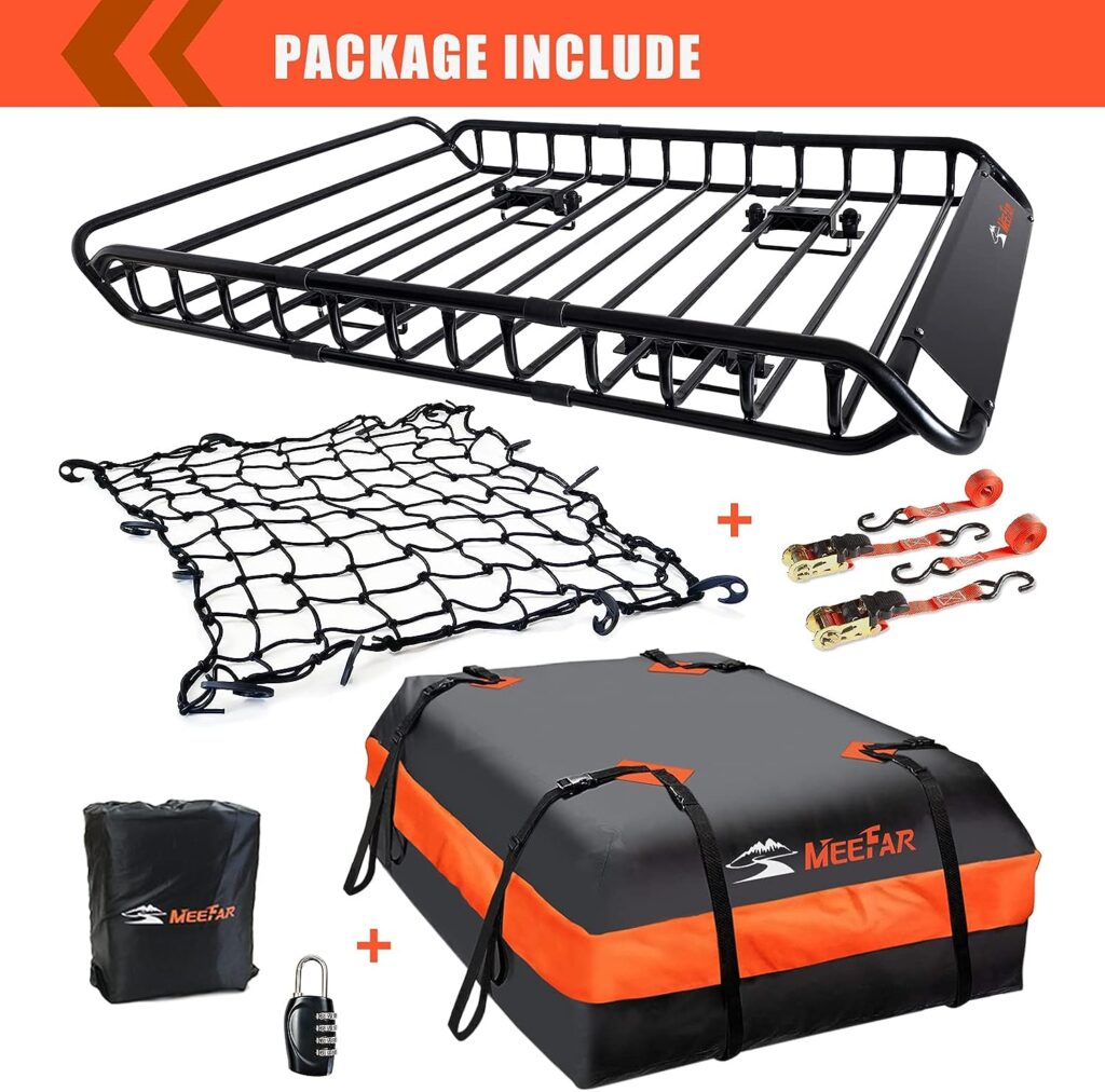MeeFar Roof Rack Carrier Basket Universal Rooftop Cargo Carrier Basket 51 X 36 X 5 + Waterproof Cargo Bag 15 Cubic Feet (44 34 17), and Cargo Net with Attachment Hooks, Ratchet Straps