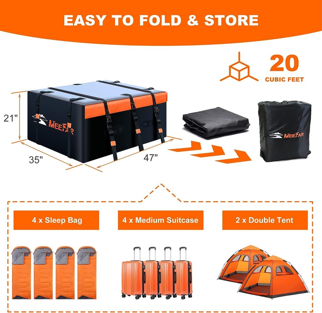 MeeFar Rooftop Cargo Carrier Car Roof Bag 20 Cubic Feet 100% Waterproof Car Top Carrier, Fits All Vehicle with/Without Rack,Include Anti-Slip Mat,10 Reinforced Straps,6 Door Hooks,Luggage Lock