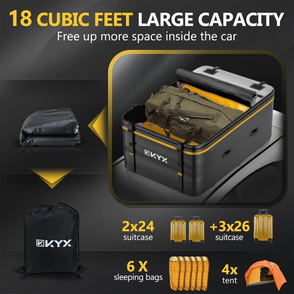 Rooftop Cargo Carrier - KYX Car Roof Bag 18 Cu.ft for 6-10 Medium Suitcases, Car Roof Cargo Carrier with Waterproof Zipper Flap, 1000D PVC Fabric Car Top Carrier for All Vehicle, 8 Tie Extra Straps