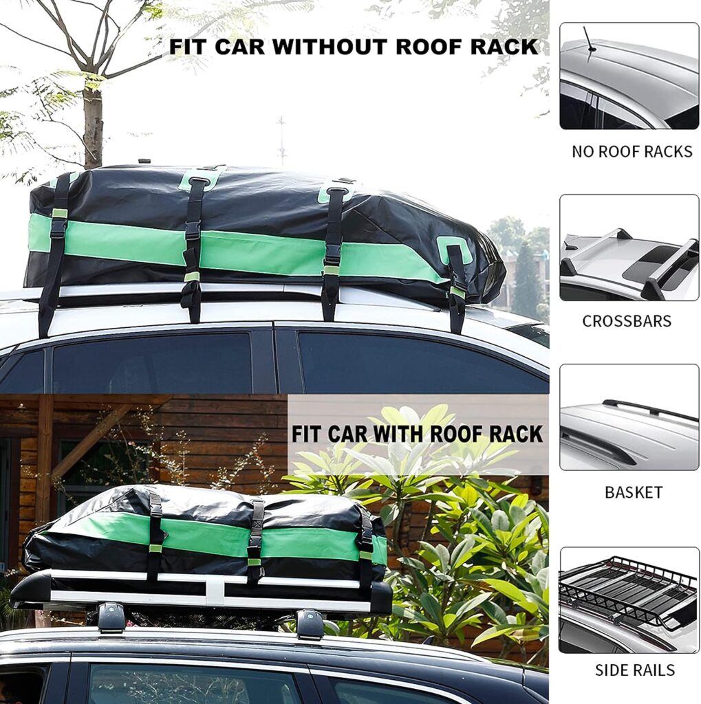Rooftop Cargo Carrier, Vehicle Cargo Carrier, Premium Rooftop Cargo Bag, 21 Cubic feet Car Top Carrier for All Cars with/Without Rack, 100% Rainproof, Dustproof, and Snow Protection (Green)