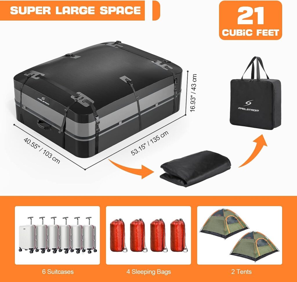 Rooftop Cargo Carrier,Car Roof Bag,21 Cubic Feet Waterproof Roof Rack Cargo Carrier for Car with/Without Rack,with Lock Anti-Slip Mat,Black with Silver