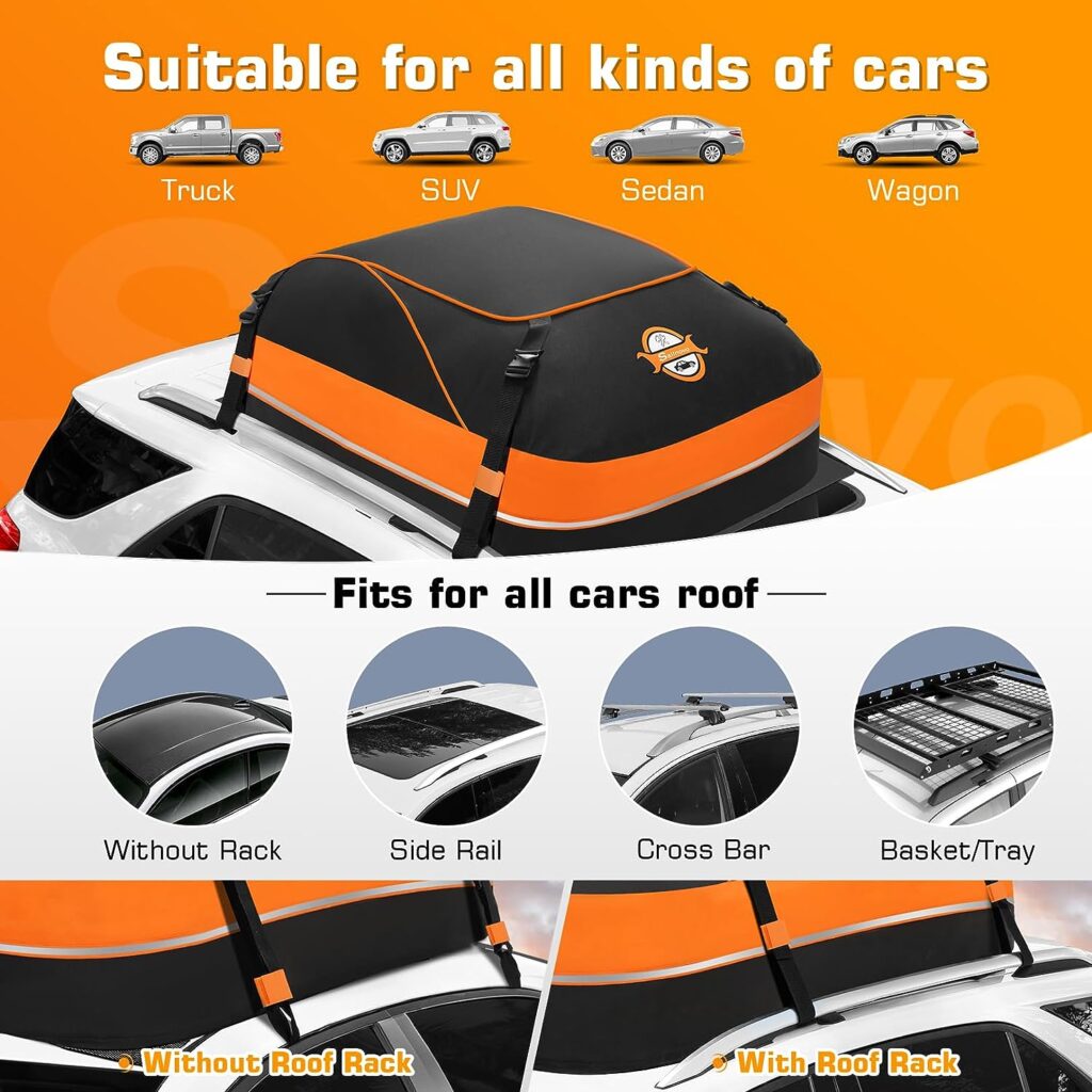 Sailnovo Car Roof Bag 16 Cubic Feet Rooftop Cargo Carrier Bag Waterproof 1000D for All Vehicle with/Without Racks with Anti-Slip Mat, 6 Reinforced Straps, 4 Door Hooks, Reflective Strip, Storage Bag