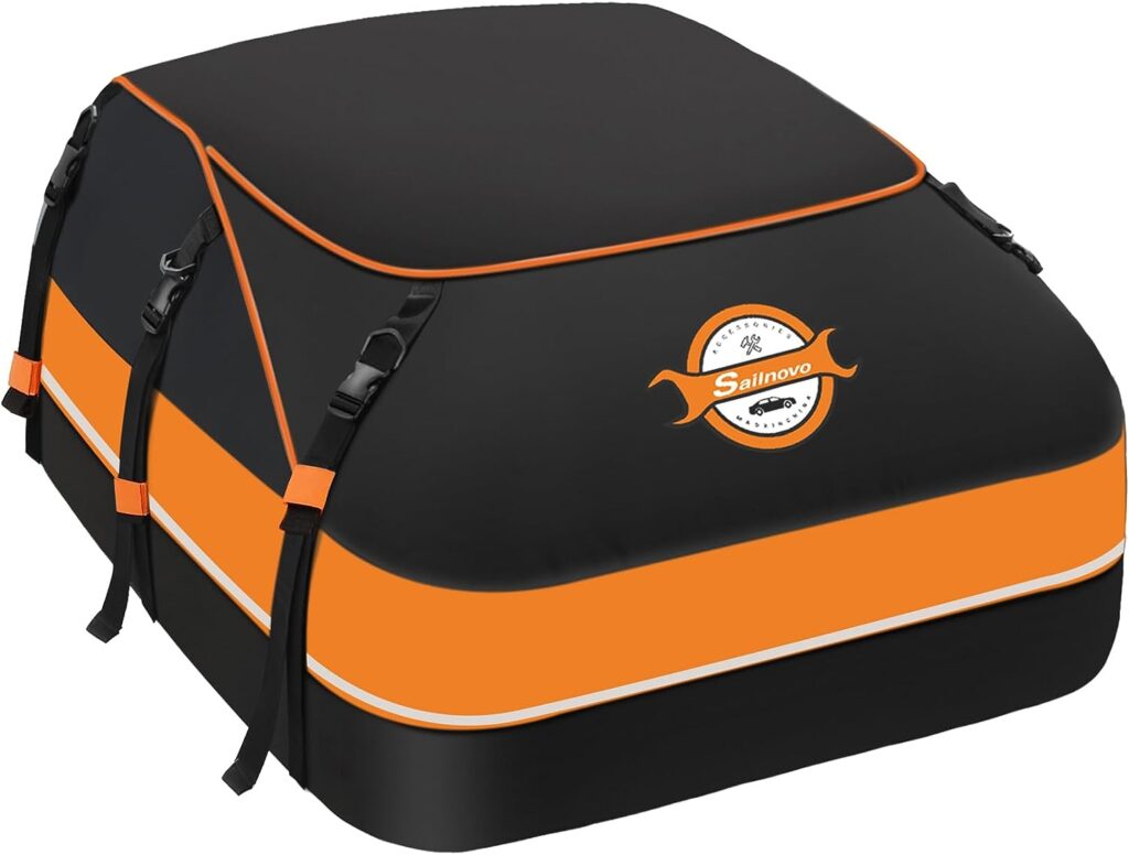 Sailnovo Car Roof Bag 16 Cubic Feet Rooftop Cargo Carrier Bag Waterproof 1000D for All Vehicle with/Without Racks with Anti-Slip Mat, 6 Reinforced Straps, 4 Door Hooks, Reflective Strip, Storage Bag