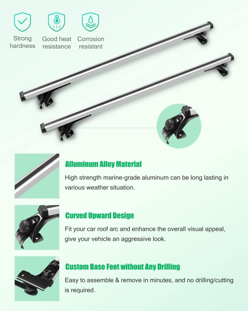 SCITOO Adjustable 48 Aluminum Roof Top Cross Bar Set Rock Rack Rail w/3 Kinds Clamp (Fits Naked Roof Models ONLY)