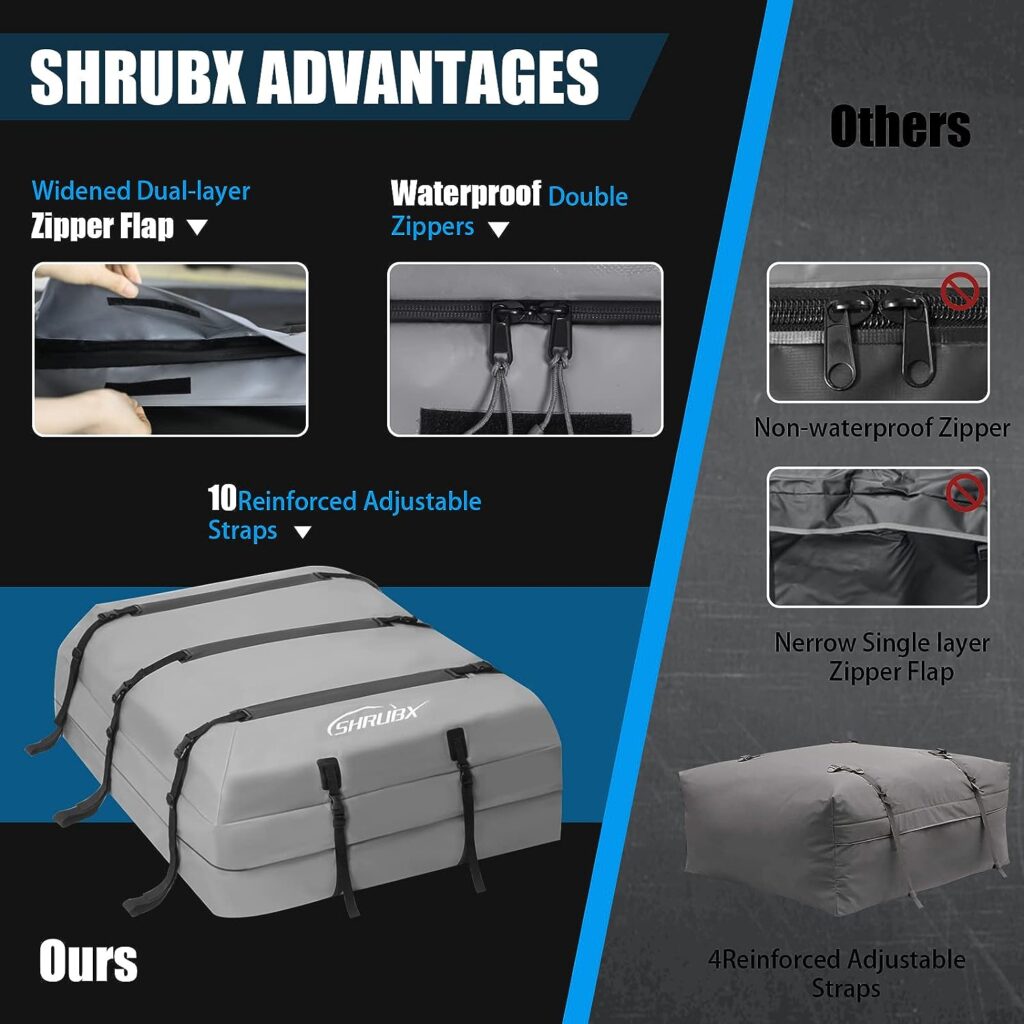 Shrubx Car Roof Bag,21 Cubic Feet 100% Waterproof Rooftop Cargo Carrier for All Cars with/Without Rack,Includes Waterproof Zip, Anti-Tear 700D PVC, with 10 Reinforced Straps  Storage Bag