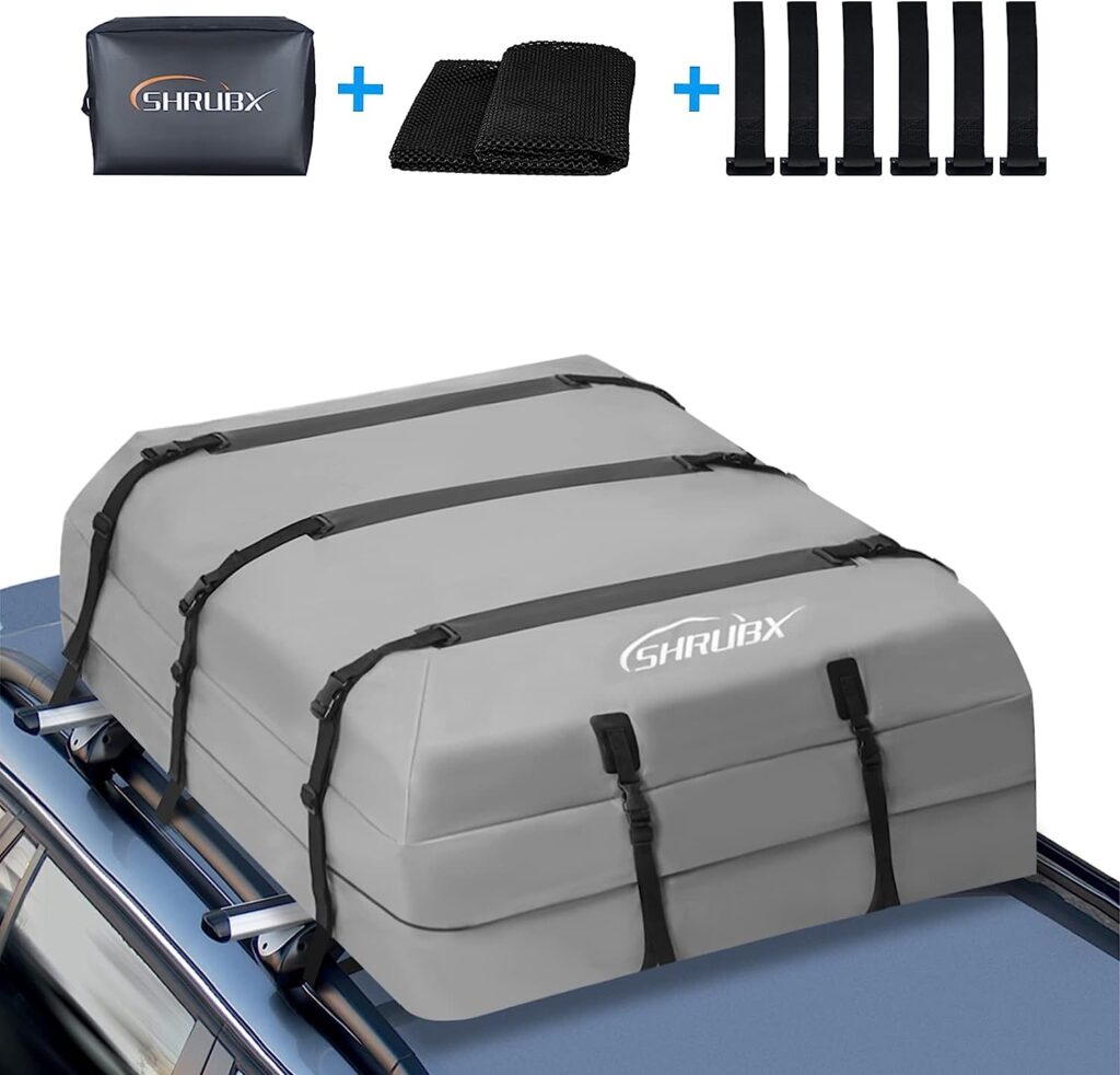 Shrubx Car Roof Bag,21 Cubic Feet 100% Waterproof Rooftop Cargo Carrier for All Cars with/Without Rack,Includes Waterproof Zip, Anti-Tear 700D PVC, with 10 Reinforced Straps  Storage Bag