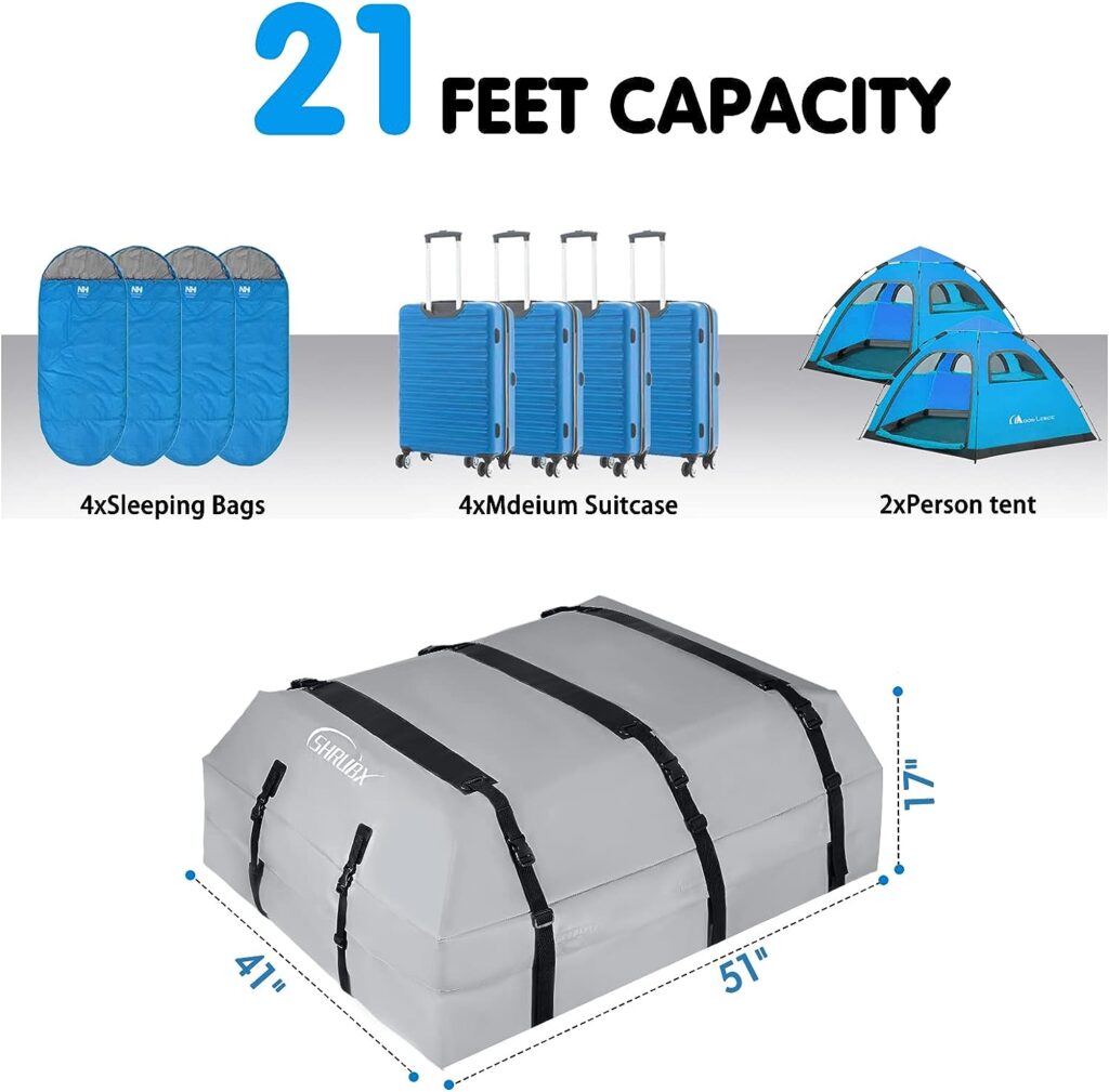 Shrubx Car Roof Bag,21 Cubic Feet 100% Waterproof Rooftop Cargo Carrier for All Cars with/Without Rack,Includes Waterproof Zip, Anti-Tear 700D PVC, with 10 Reinforced Straps  Storage Bag