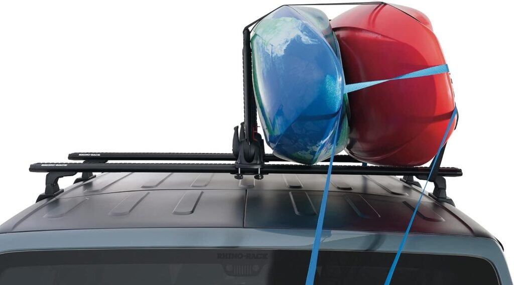 Rhino-Rack Nautic Kayak Roof Rack, Stack Up to 4 Kayaks Side by Side, Folds Down for Storage, Includes 4 Rapid Tie Down Straps, Aluminum  Glass Reinforced Nylon for Maximum Durability (S520)