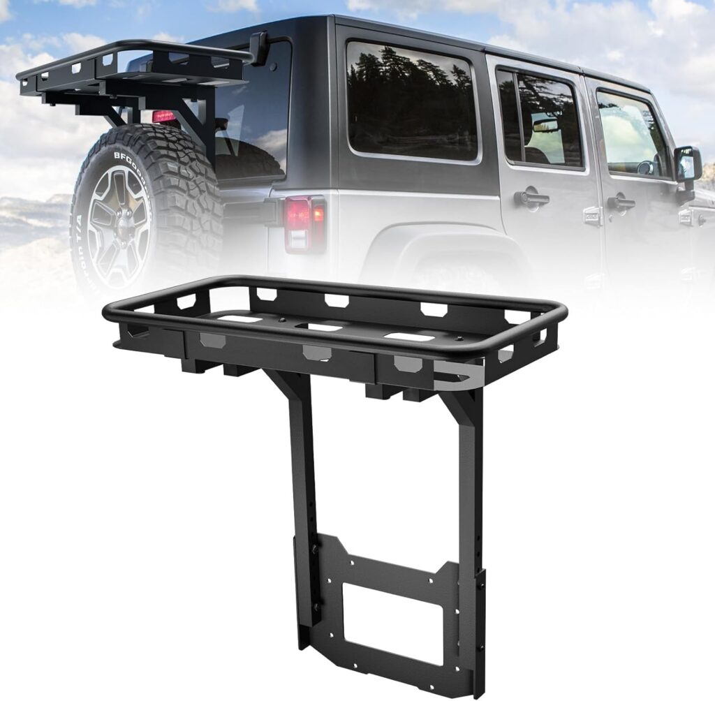 YZONA for Jeep Wrangler JK Rear Cargo Basket on OE Tailgate Compatible with 2007-2018 Jeep Wrangler JK  JKU Unlimited 2/4 Door, Spare Tire Cargo Rack, Luggage Storage Carrier (Bolt-On)